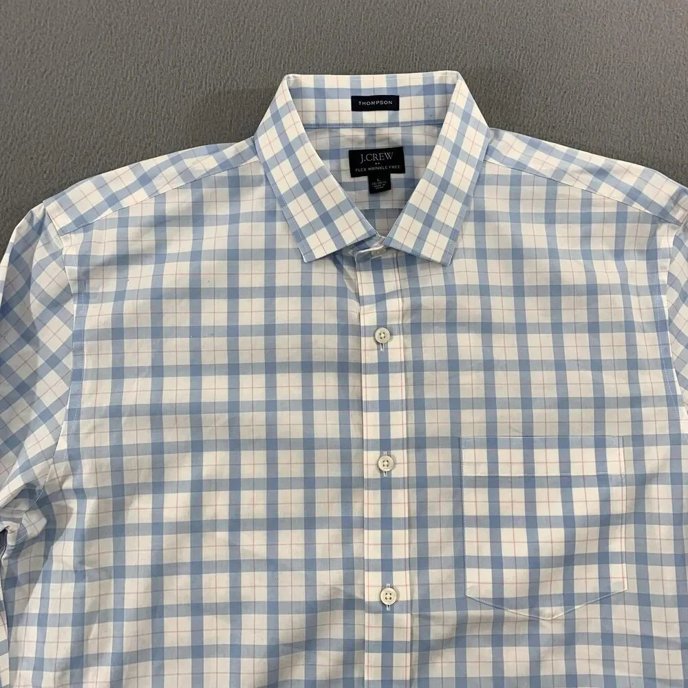 J.Crew Dress Shirt Mens 16.5 34/35 Blue Plaid Thompson Flex Wrinkle Free Stretch